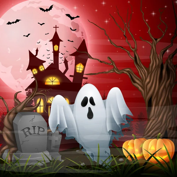 Scary Church Background Ghost Pumpkins — Stock Vector