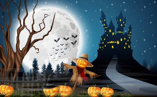 Scary Castle Scarecrow Pumpkins Full Moon — Stock Vector