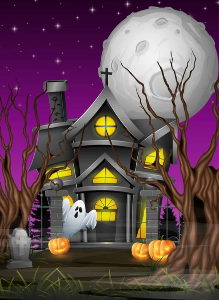 Fondo Halloween Aterrador Con Fantasma Iglesia — Vector de stock