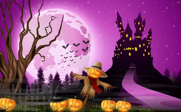 Scary Castle Scarecrow Pumpkins Full Moon — Stock Vector