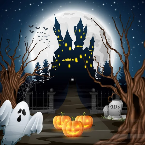 Castillo Miedo Con Fantasma Calabazas Bosque — Vector de stock