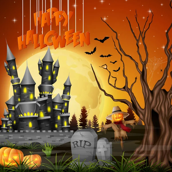 Halloween Background Castle Scarecrow — Stock Vector