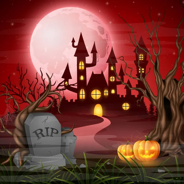 Scary Castle Pumpkins Full Moon — Stock Vector