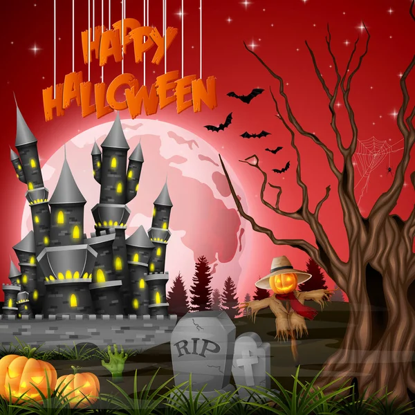 Halloween Fond Avec Château Épouvantail — Image vectorielle