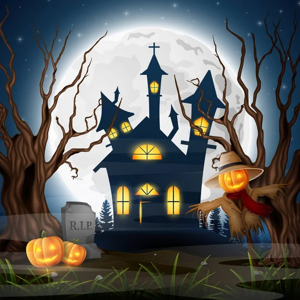 Scary Church Background Scarecrow Pumpkins — Stock Vector