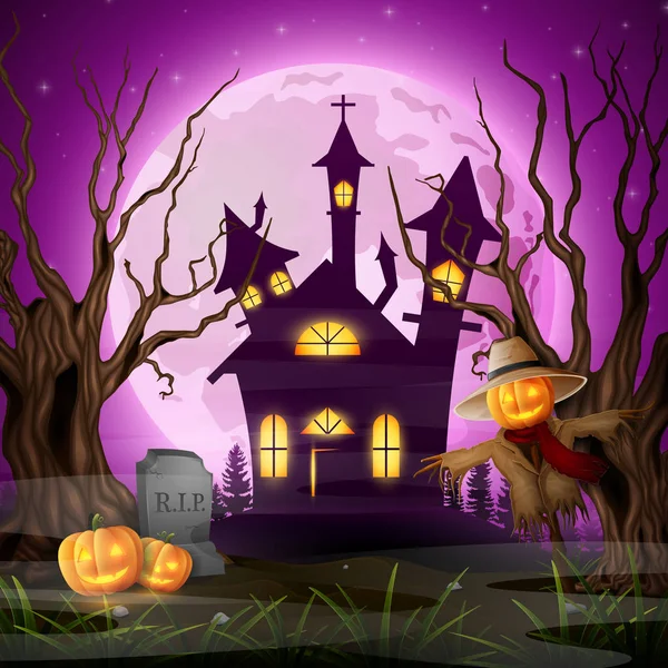 Scary Church Background Scarecrow Pumpkins — Stock Vector