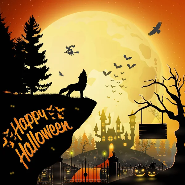 Halloween Nacht Achtergrond Met Brullende Wolf — Stockvector