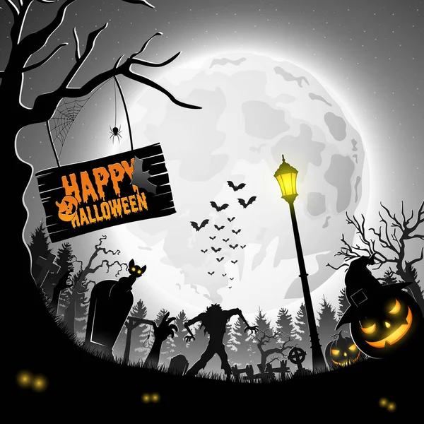 Halloween Night Met Pompoenen Zombie Silhouet — Stockvector