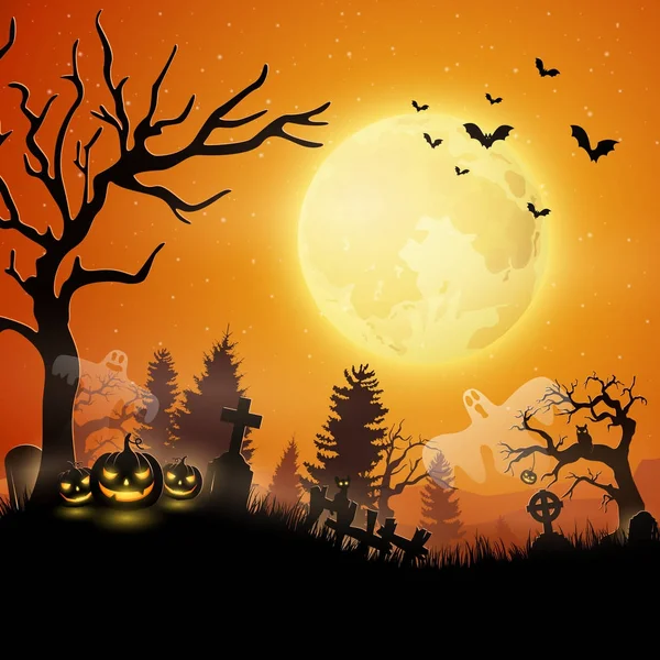 Noche Halloween Con Calabazas Fantasma — Vector de stock