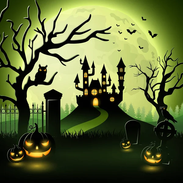 Halloween Achtergrond Met Kasteel Eng Pompoenen — Stockvector