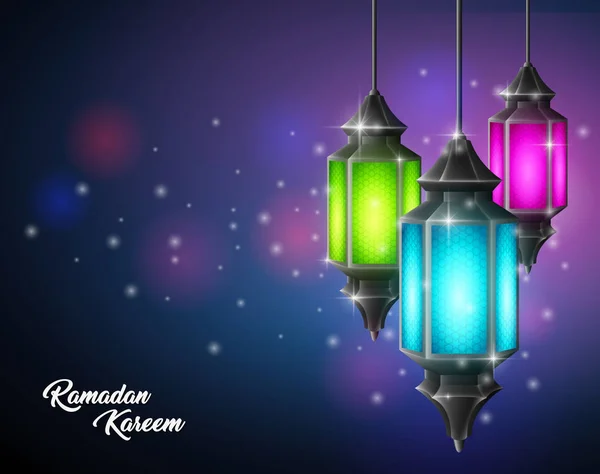 Hermoso Ramadán Kareem Con Lámpara Árabe Colgando — Vector de stock