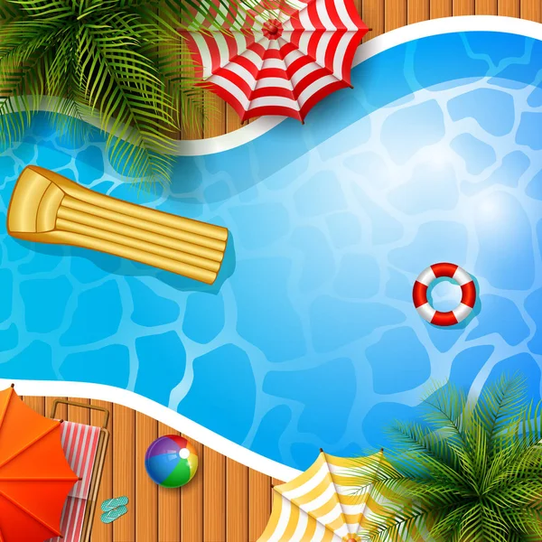 Sommer Hintergrund Mit Schwimmbad Sonnenschirm Matratze Und Aufblasbarem Ring — Stockvektor