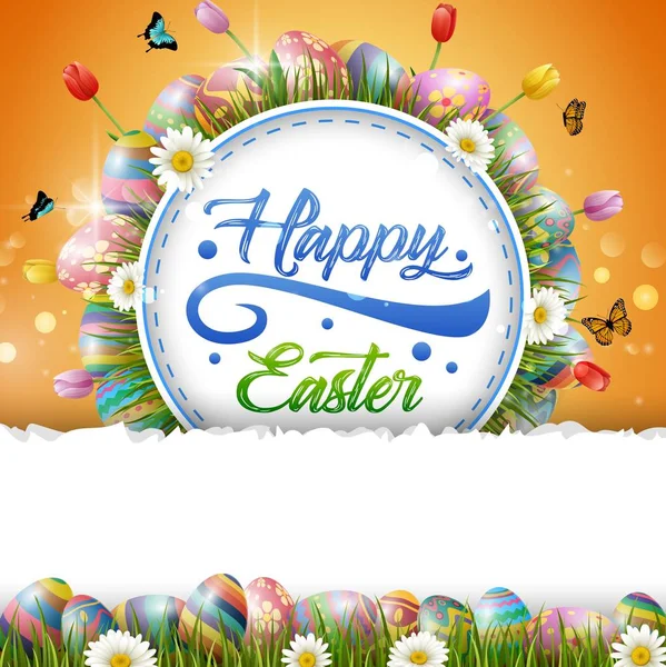 Happy Easter Egg Grass Orange Background — Stock Vector