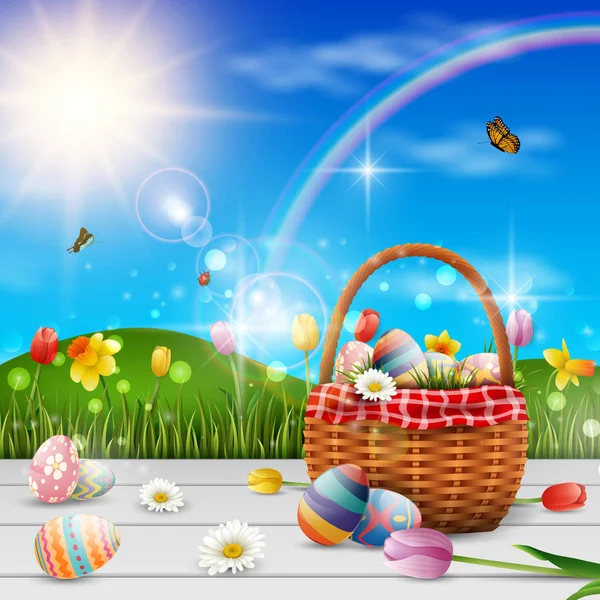 Mutlu Paskalya Yumurta Çiçeklerle Ahşap Arka Plan Üzerinde — Stok Vektör