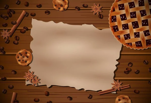 Kekse Und Kaffeebohnen Mit Leerem Papier Auf Dem Holztisch — Stockvektor