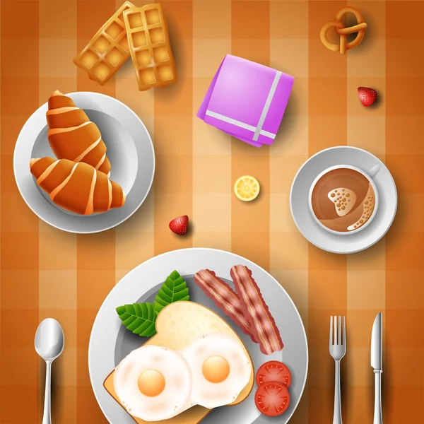 Breakfast Eggs Bacon Bread Croissant Cup Coffee — Stock Vector