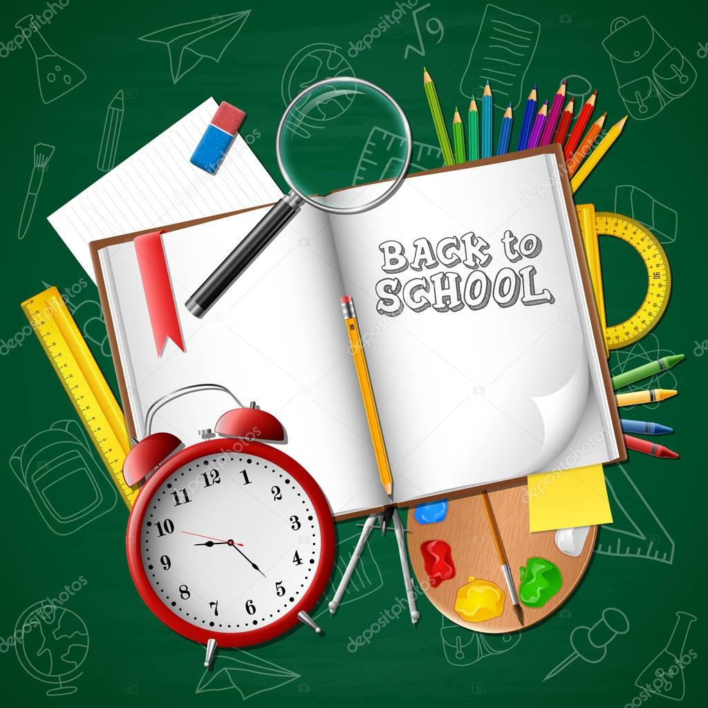 Cartoon school and office supplies on chalkboard background