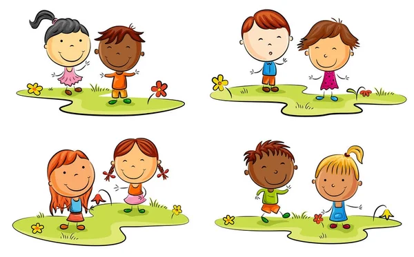 緑の芝生で遊んで喜んでいる子供漫画 — ストックベクタ