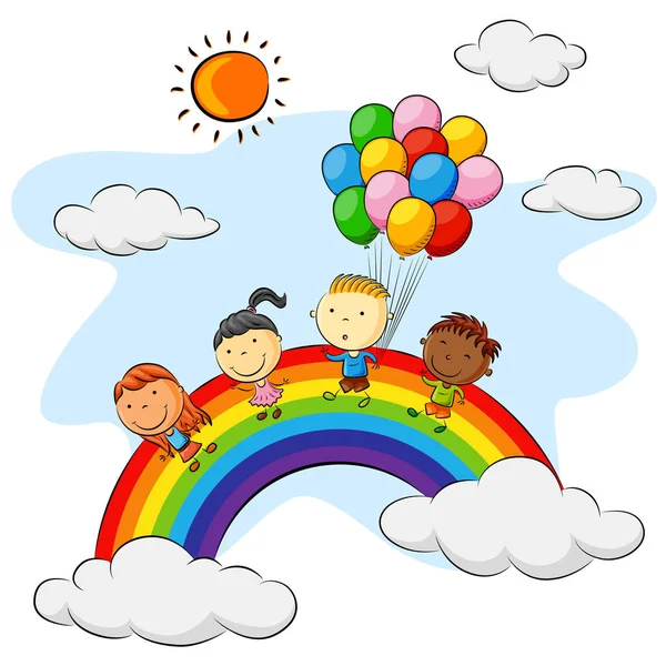 Grupp Barn Som Leker Ovan Regnbågen Med Färgglada Ballonger — Stock vektor