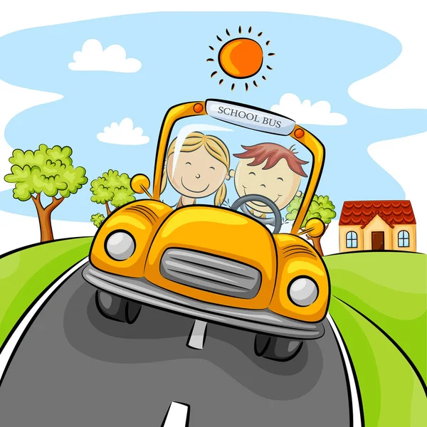 Παιδιά Οδήγηση Κίτρινο Αυτοκίνητο Στο Δρόμο — Διανυσματικό Αρχείο