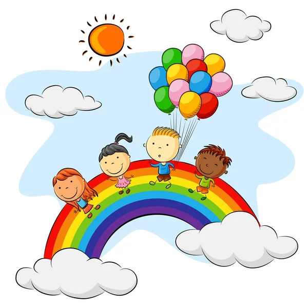 Group Kids Playing Rainbow Colorful Balloons — Stock Vector