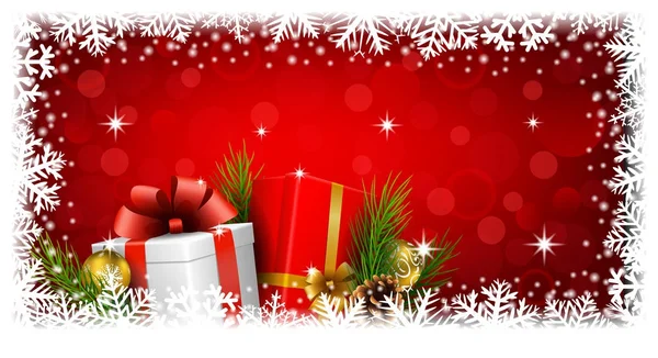 Weihnachtsgeschenke Boxen Und Kugeln Dekoration Auf Rotem Hintergrund — Stockvektor