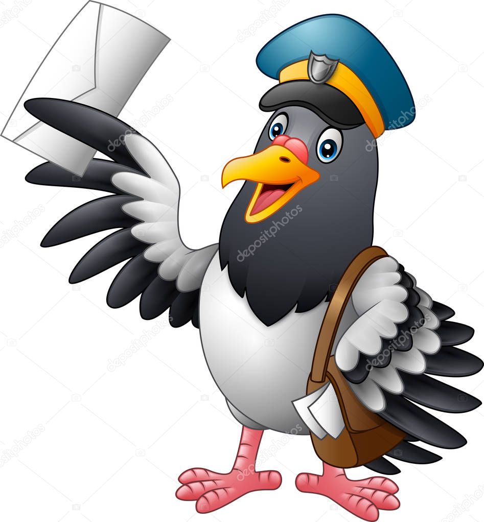 Cartoon funny pigeon bird delivering letter
