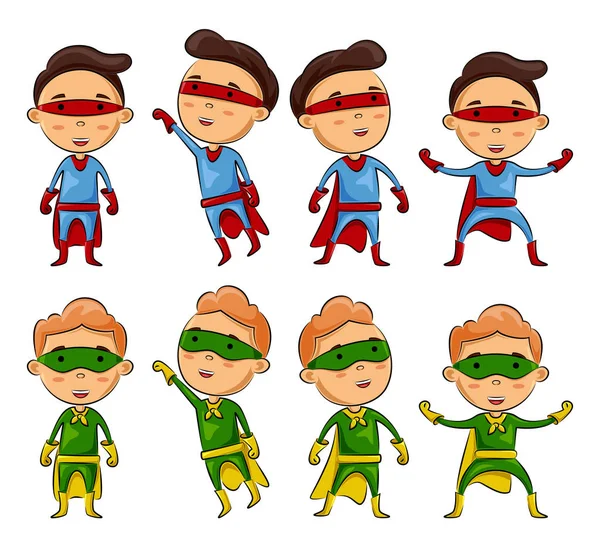 Conjunto Niños Con Disfraces Superhéroes Con Pose Diferente — Vector de stock