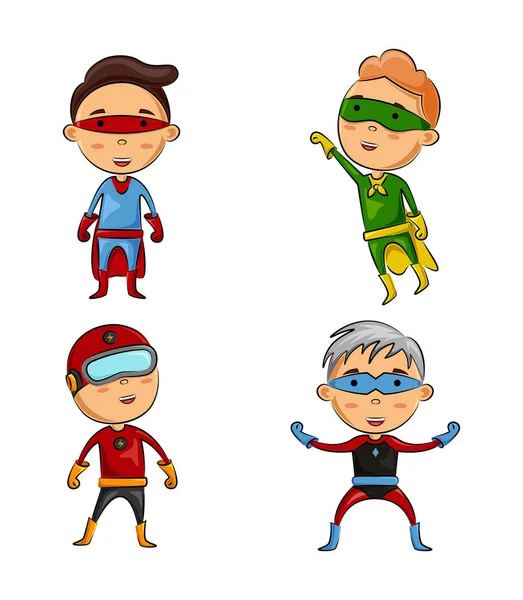 Farklı Poz Ile Süper Kahraman Kostümleri Giyen Sevimli Dört Çocuk — Stok Vektör