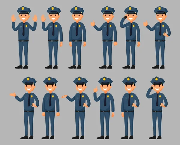 Conjunto Policial Personagem Desenho Animado Diferentes Poses Ilustração Vetorial Estilo — Vetor de Stock