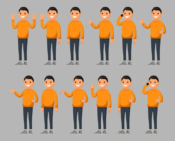 Set Giovane Personaggio Dei Cartoni Animati Maschile Pose Diverse Illustrazione — Vettoriale Stock