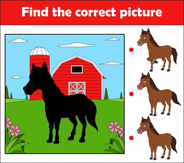 Encontrar Imagen Correcta Juego Educación Para Los Niños Caballo Granja — Vector de stock