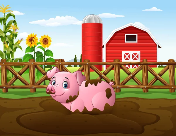 Porco Dos Desenhos Animados Jogando Uma Poça Lama Fazenda —  Vetores de Stock
