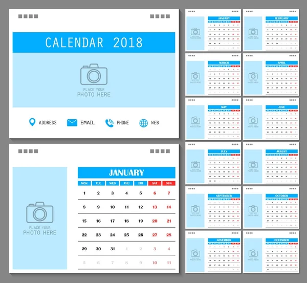 Kalender Für 2018 Jahr Designvorlage Mit Platz Für Foto Und — Stockvektor