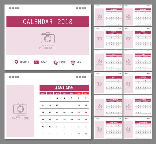 Kalender Für 2018 Jahr Designvorlage Mit Platz Für Foto Und — Stockvektor