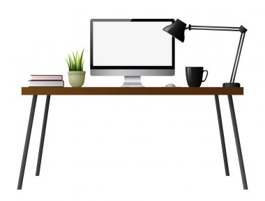 Beyaz bir arka plan üzerinde bilgisayar masası