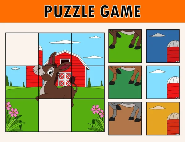 Cartoon Illustration Educational Jigsaw Puzzle Children Cute Donkey Farm Animal — Stock Vector