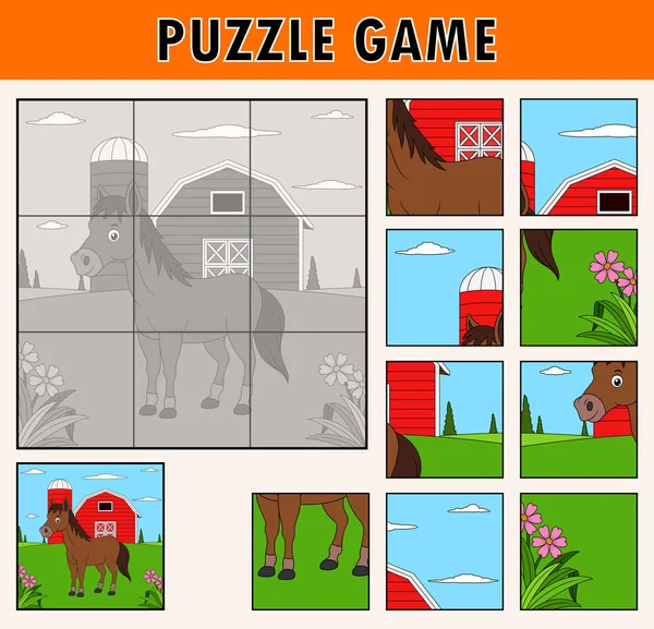 Puzzle Game Con Simpatico Animale Cavallo — Vettoriale Stock