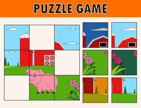 Ilustracja Kreskówka Edukacyjne Puzzle Układanki Dla Dzieci Ładny Świnia Farma — Wektor stockowy