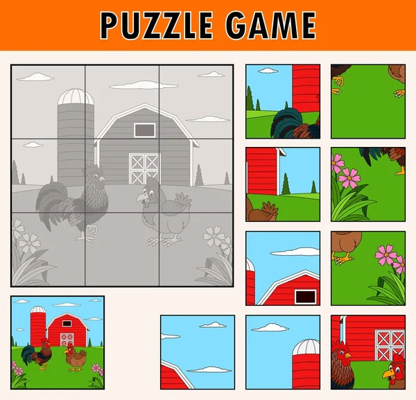 Jigsaw Juego Puzzle Con Gallo Gallina — Vector de stock