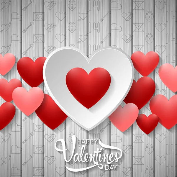 Feliz Dia Dos Namorados Com Coração Branco Vermelho Fundo Madeira —  Vetores de Stock