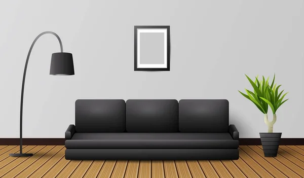 Interior Moderno Sala Estar Com Sofá Preto Lâmpada —  Vetores de Stock