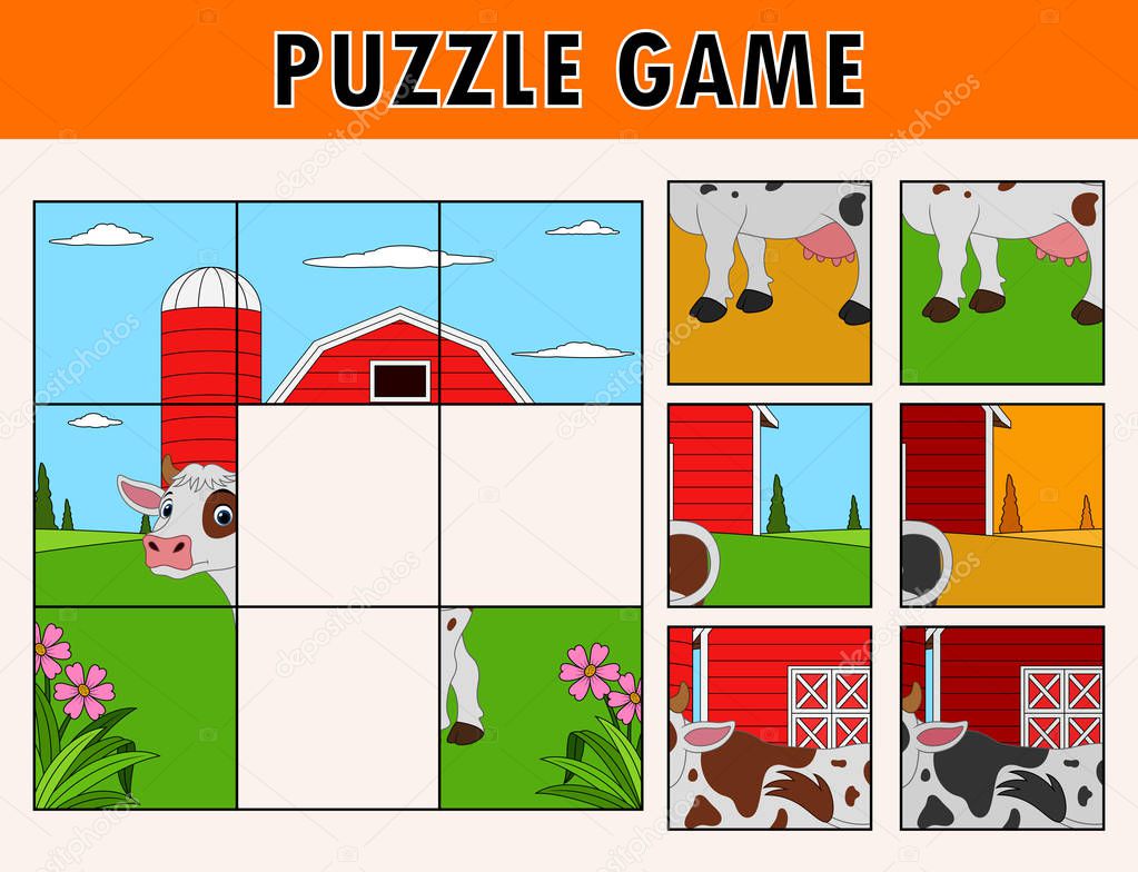 Cartoon illustration of educational jigsaw puzzle for children with cute cow farm animal