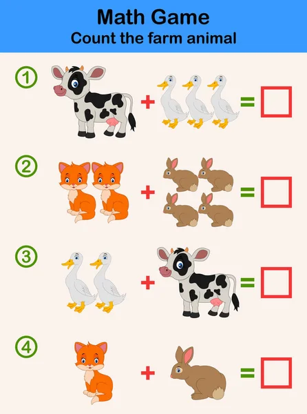 Cartoon Vzdělávací Matematický Hra Pro Děti Farmy Zvířat Znaky — Stockový vektor