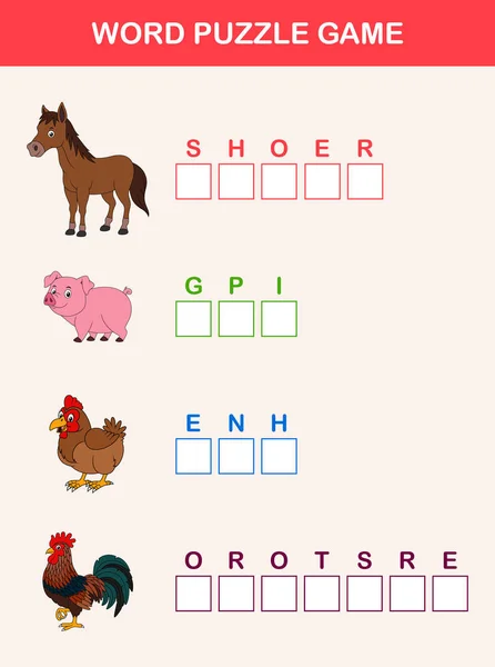 Palabras Rompecabezas Niños Juego Educativo Colocar Las Letras Animales Granja — Vector de stock