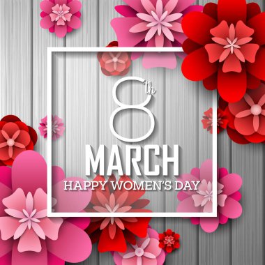 Dünya mutlu Kadınlar Günü tebrik kartı çiçek ve ahşap arka plan üzerinde kare çerçeve