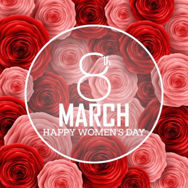 Mutlu Dünya Kadınlar Günü tebrik kartı ile gül çiçek ve çerçeve alanı metin için şeffaf yuvarlak