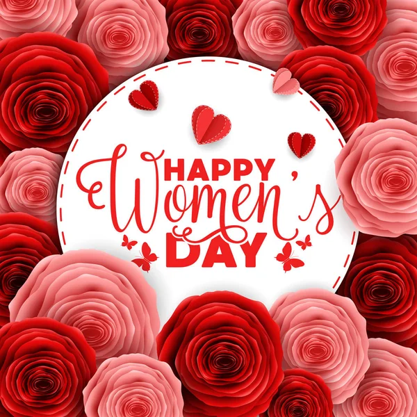 Tarjeta Felicitación Feliz Día Internacional Mujer Con Rosas Cortadas Papel — Vector de stock