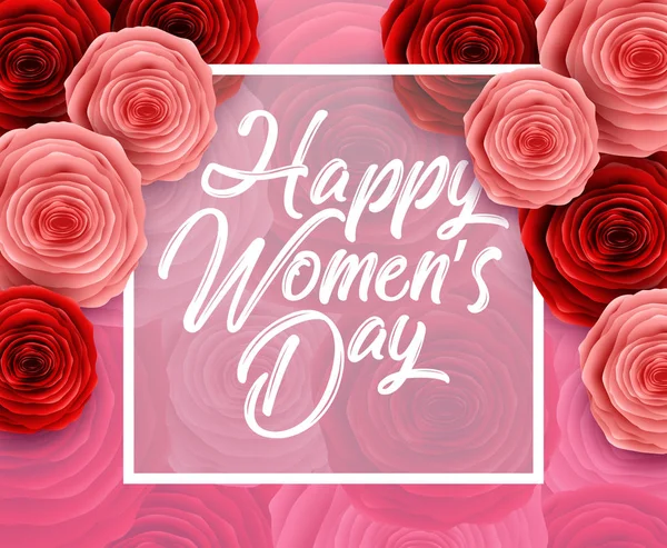 Happy International Women's Day with paper cut roses flower and square frame on pink background