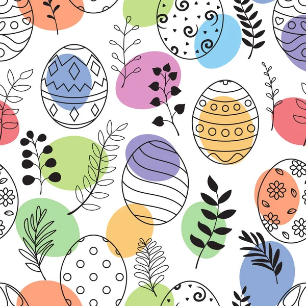 Easter eggs and flowers hand drawn black with ornaments and colored eggs on white background